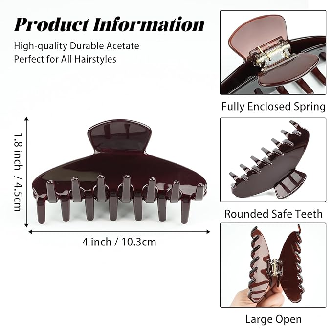 MAORULU Premium Durable Acetate Hair Claw Clips for Women Girls, 4 Inch Large Cute Jaw Clip for Thick or Thin Hair, Vintage Y2K Hair Clips, Dark Brown