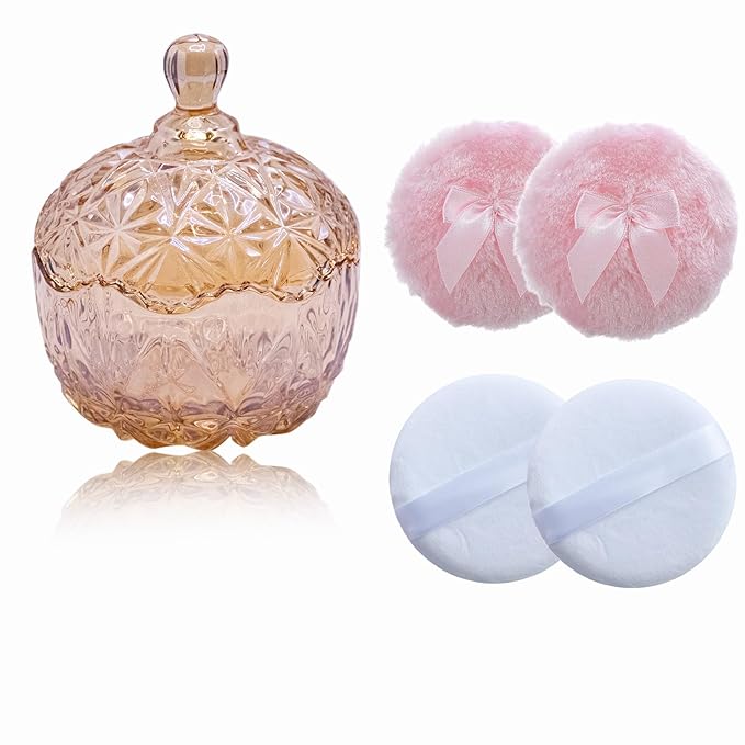 5 Pieces Large Body Powder Puff and Powder Container, Crystal Case for Dust Puff, Powder applicator with Box for Face and Body (Amber, Crown)