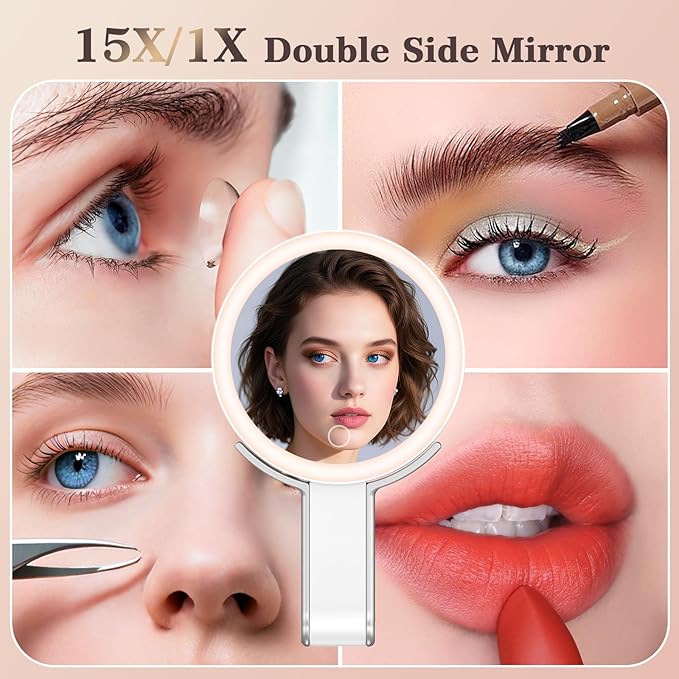 Travel Makeup Mirror with 3 Color Lights, 15X/1X Double Sided Lighted Magnifying Mirror, Portable Handheld Mirror, Gift For Women 3 in 1 Tabletop/Handheld/Hanging, Home, Office, Trip Gifts For Her