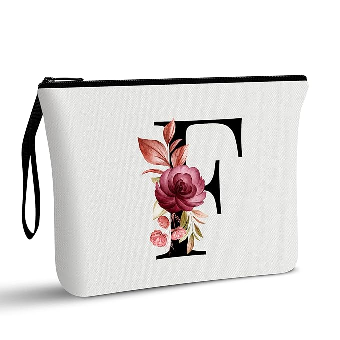 Vavabox A-Z Personalized Makeup Bag, Birthday Gifts for Women Mom, Gifts for Best Friend, Bride Bridesmaid Cosmetic bag (F, White)
