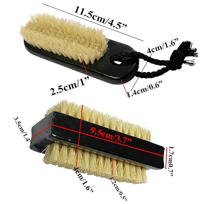NewFerU Wooden Nail Brush Cleaner Black X 2 in Natural 100% Boar Bristle for Cleaning Hand Finger Foot Toe, Fingernail Toenail Scrub Brush for Men Women Kids Manicure Pedicure (Two sided + w Rope)