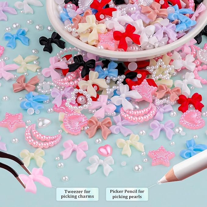 600 Pcs 3D Nail Charms and Flatback Pearls Set 1, 8 Colors Nail Bow Charms + Pink&White Star Heart Moon Cute Nail Charm Jewels + 2-4mm White Nail Pearls for Nail Art DIY Decoration with Pickup Tools