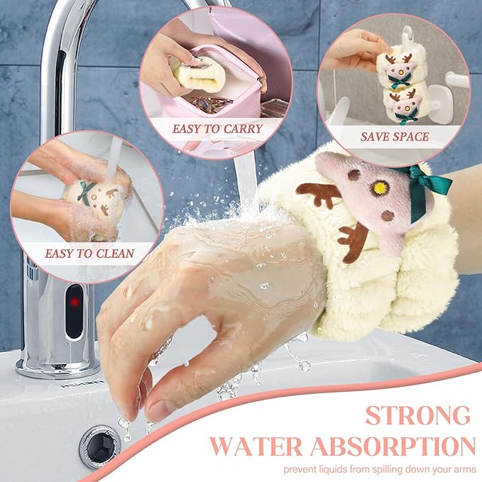 Crosize 8 Pcs Microfiber Wrist Bands for Washing Face, Women's Absorbent Face Washing Wristbands, Prevent Water from Spilling Down Your Arms, Christmas