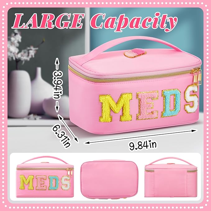 Geetery Clear Makeup Bag Chenille Letter Meds Bag Travel Cases Preppy Patch with Zipper, Portable Cosmetic Toiletry Storage case for Women(Meds,Pink)