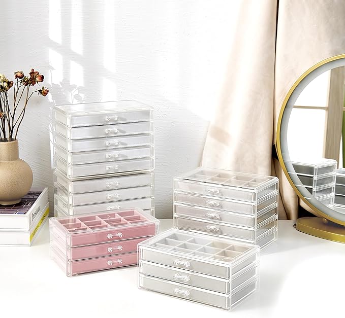 ProCase Earring Holder Organizer Jewelry Box with 5 Drawers, Acrylic Clear Earring Case with Adjustable Velvet Trays for Women - Grey, 5 Layers