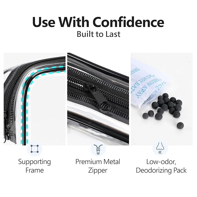 PACKISM TSA Approved Toiletry Bag - Clear Makeup Bag 3 Pack Medium, Quart Size Bag for 3-1-1 Liquids with Metal Smooth Zipper, Travel Makeup Bag for Women Men, Airport Airline Compliant Bag, Black
