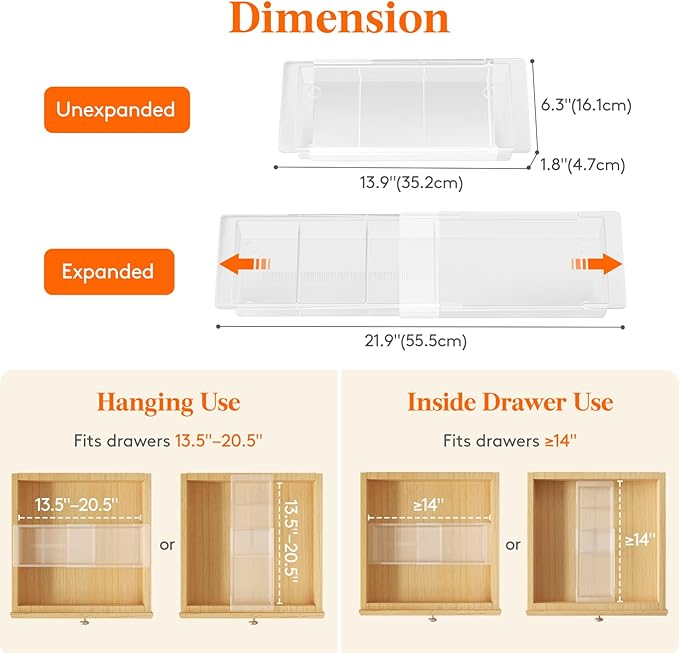 Lifewit 2 Pack Sliding Makeup Drawer Organizer Trays with Inserts, Extendable Hanging Desk Drawer Divider, Fits 13-20" Deep Drawers, 1.8" High Plastic Organizer Tray for Vanity, Office, Kitchen, White