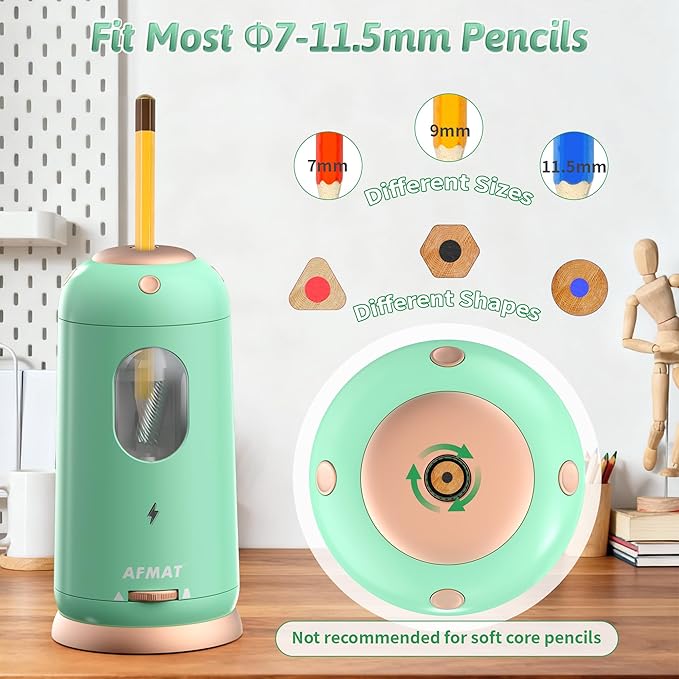 AFMAT Electric Pencil Sharpener, Auto in & Out, Fully Automatic Pencil Sharpener, Rechargeable Hands-Free Sharpeners for Jumbo & Colored Pencils (7-11.5mm), Good for Classroom/Home PSC8(Light Green)