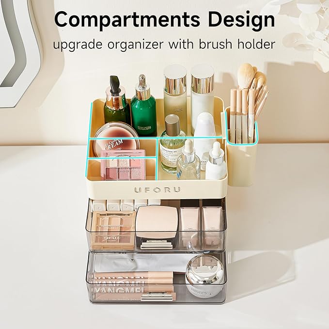 Makeup Organizer for Vanity with Brush Holder, Countertop Skincare Organizer with 2 Drawers, Spacious Cosmetic Display Case for Perfumes, Eyeshadow Palettes, Nail Polishes