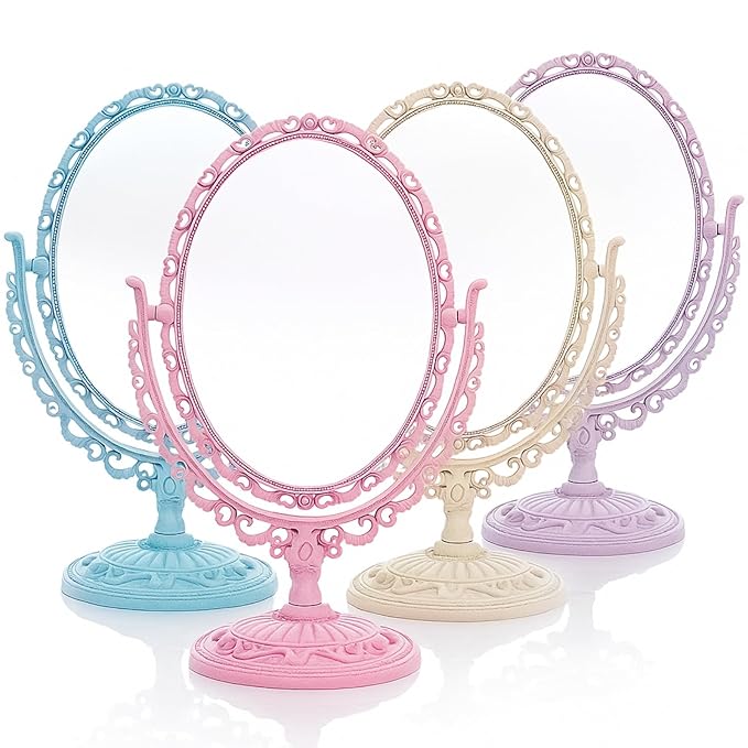 DEAYOU 4 Pack Oval Shaped Cosmetic Mirror, Vintage Vanity Tabletop Mirror Double Sided, Rotatable Cute Dresser Mirrors with Stand for Makeup, Girl, Women, Beauty, Spa Party, 4 Color