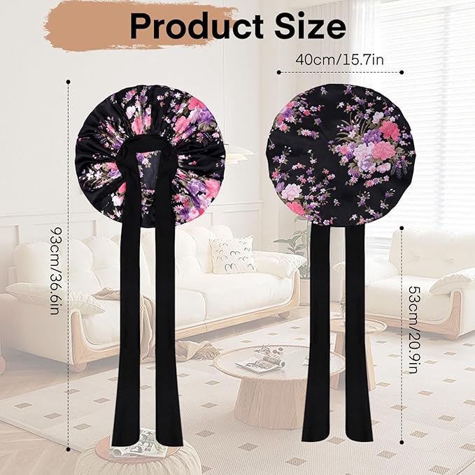 Arqumi 2 Pcs Satin Silk Bonnet for Sleeping Women, Large Long Strap Tie Band Adjustable Sleep Night Cap Curly Hair Bonnet Wrap for Braids Mother's Day Girls Gifts, Black+ Pink(Large, Flower Pattern)