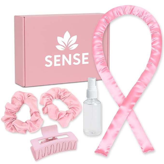Satin Heatless Curling Kit, 39" Rod – No Heat Overnight Curls for Frizz-Free Waves – Comfortable Set w/ 2 Scrunchies, Claw Clip for All Hair Types (Pink)