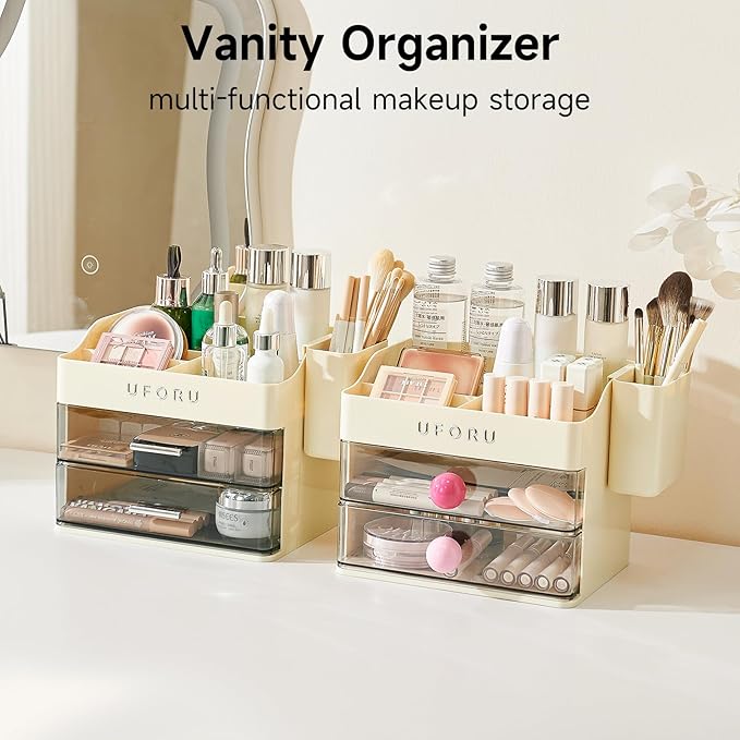Makeup Organizer for Vanity with Brush Holder, Countertop Skincare Organizer with 2 Drawers, Spacious Cosmetic Display Case for Perfumes, Eyeshadow Palettes, Nail Polishes