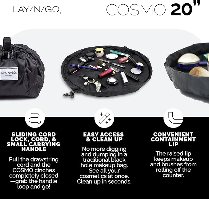 Lay-n-Go Cosmo Layflat Drawstring Cosmetic & Makeup Bag Organizer w/Zipper Pocket, Brush Loops & More, Cinch to Close, Lay Flat to Use, Durable, Machine Wash, Travel Toiletry Bag (20", Dogs)