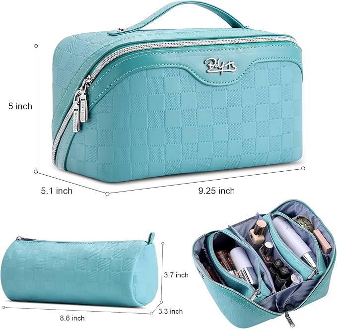 BOYATU Travel Makeup Bag Organizer Cosmetic Bag: 3 Pcs Set Make up Bags for Women with Handle - Waterproof Vegan Leather Toiletry Bags Travel Essentials Pouch with Compartments (01-C-Blue)