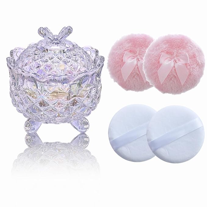 5 Pieces Large Body Powder Puff and Powder Container, Crystal Case for Dust Puff, Powder applicator with Box for Face and Body (Glitter, Butterfly)