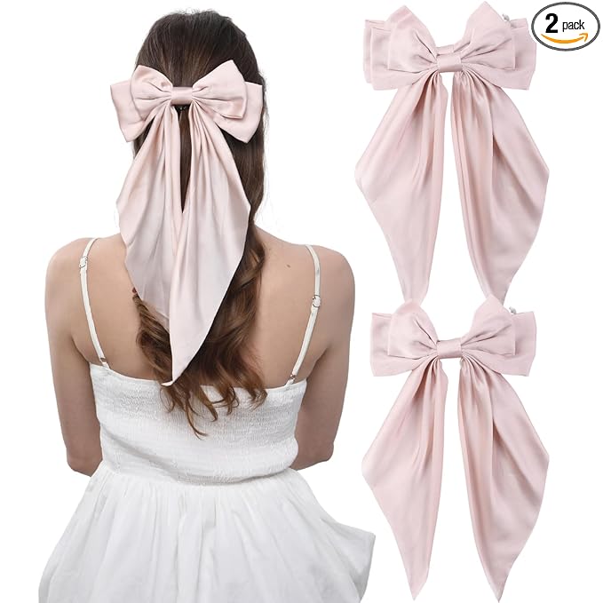 2PCS Big Hair Bow Clips for Women Girls – Rose Satin Ribbon Bow Barrettes with Long Tails, Large Romantic Hair Accessories for Ponytail, Wedding & Gift