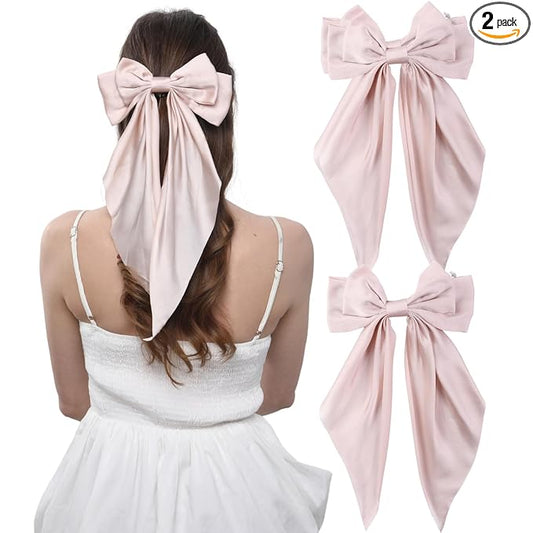 2PCS Big Hair Bow Clips for Women Girls – Rose Satin Ribbon Bow Barrettes with Long Tails, Large Romantic Hair Accessories for Ponytail, Wedding & Gift