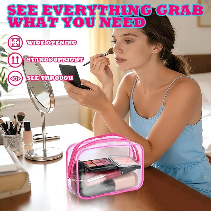 12PCS Clear Cosmetic Bag Transparent Makeup Bag for Women Men Waterproof Travel Makeup Clear Toiletry Organizer Cosmetic Storage Pouch Case with Zipper (Rose Red, Medium)