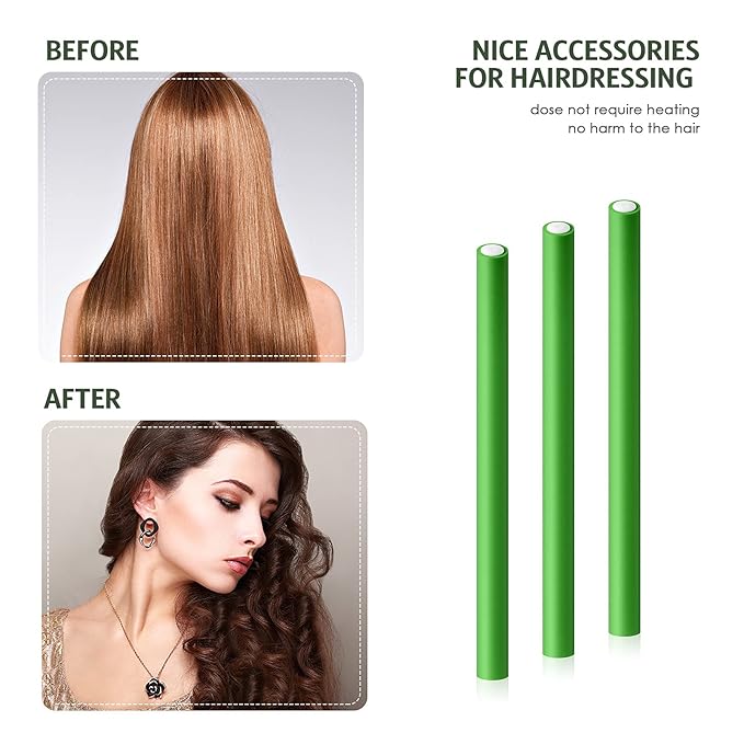 Syhood 30 Pieces Flexible Curling Rods Twist Hair Rollers Soft Foam Rods No Heat and 1 Pcs Steel Rat Tail Comb for Women Long and Short Hair(7 x 0.47 Inch,Green)