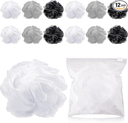12 Pcs Travel Size Loofah Individually Wrapped, Small Shower Puff Bath Sponge Pouf Ball Bulk Mesh Bath Puff Mini Loofah Sponge with Case Bulk for Shower Care (25g,Achromatic Colors)