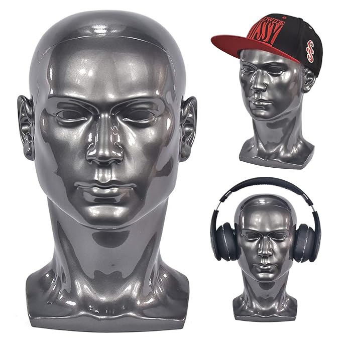 PVC Male Mannequin Head Metallic Grey Male Manikin Stand Model Display Hat Scarf Wigs Hair Glasses Hat Beauty Styling Tool with Mount Hole (L30-Bright Grey)