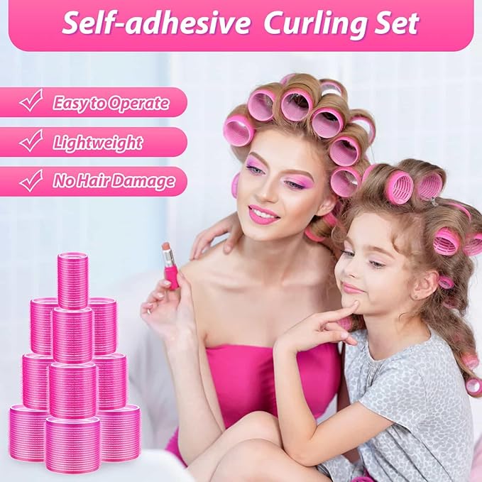shynek Hair Rollers 48 Pcs Set, 24Pcs Hair Rollers 4 Sizes and 24 Pcs Hair Clips for Long Medium Short Hair (Pink)