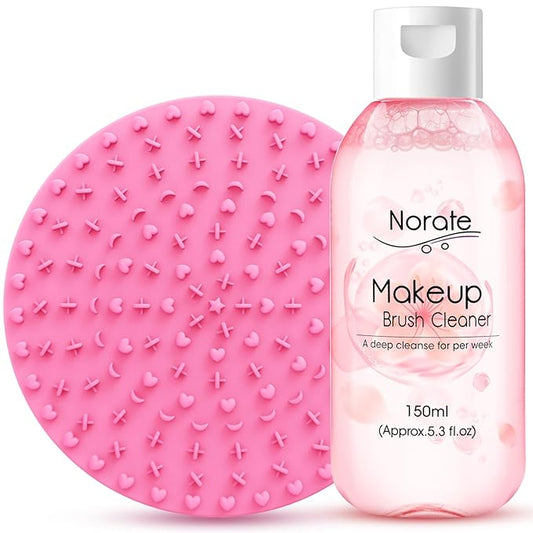 Norate Makeup Brush Cleaner, Make Up Brush Cleaner Solution + Makeup Brush Cleaner Mat, Brush Cleaner Pad for Deep Clean Brush Shampoo, Gentle Formula Cruelty Free, 2 Piece Set