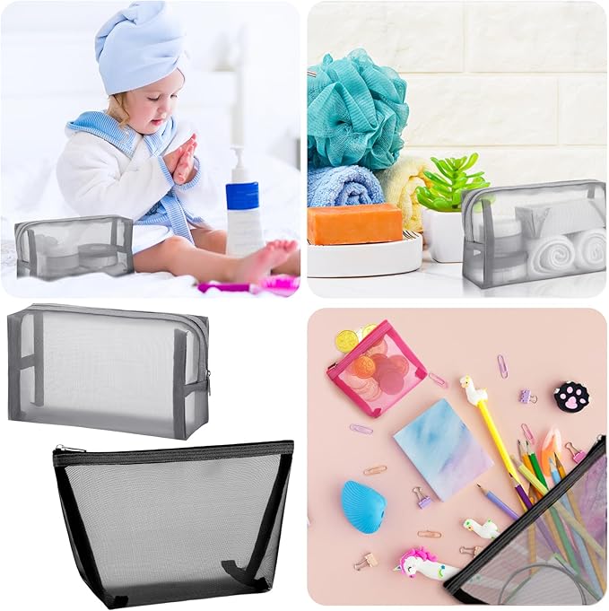 Boao 3 Piece Mesh Cosmetic Bag Mesh Makeup Bag with Zipper Pouch Travel Toiletry for Makeup Organizer Home Office Travel Accessories(Black, Gray, Rose Red)