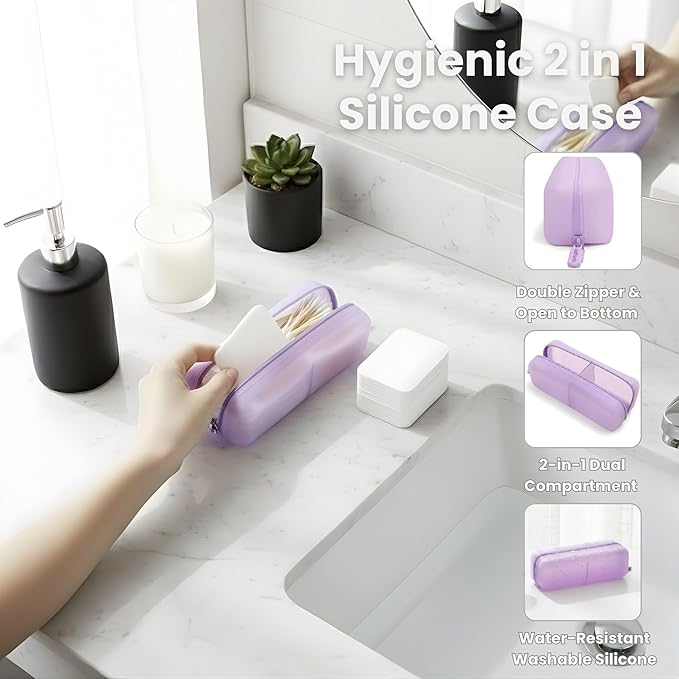 Cotton Pad Swab Travel Case – 2-in-1 Portable Waterproof Qtips Dispenser for Cotton Square Pad & Qtip, Floss, Bobbi Pin, Nail Kit, Hair Accessories Organizer TSA Compliance – VISFRESH (Purple)