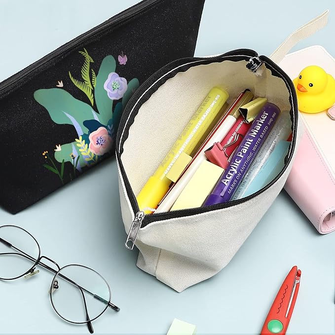 10 Pieces Cotton Canvas Makeup Bag with Bottom, Multi-Purpose Cosmetic Bag with Zipper Travel Toiletry Pouch, Blank DIY Craft Bag Pencil Bag (M, Black), MN-WB07