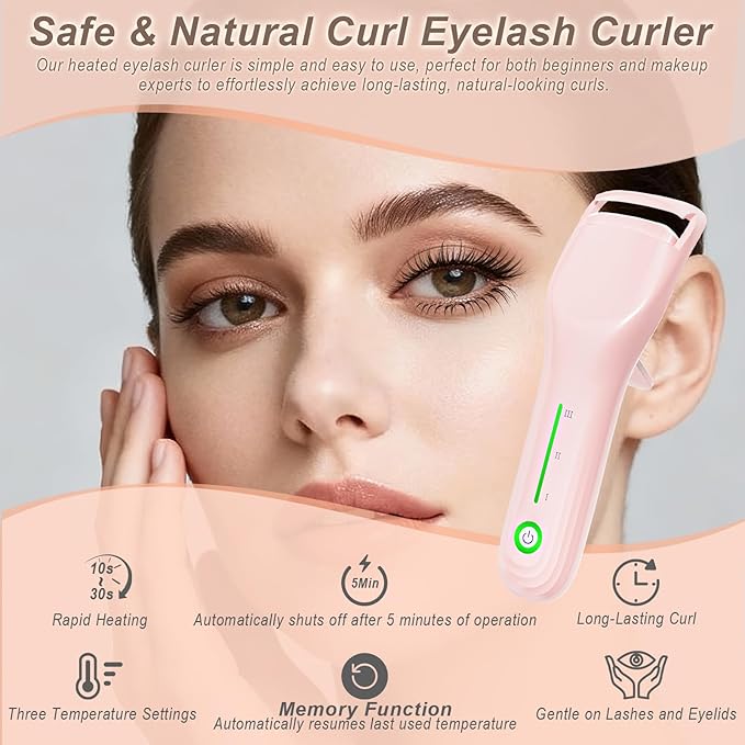 Heated Eyelash Curler, Type-C Rechargeable with 3 Temp Settings & Safe Silicone Pad for Natural Curls, Travel-Friendly (Pink)