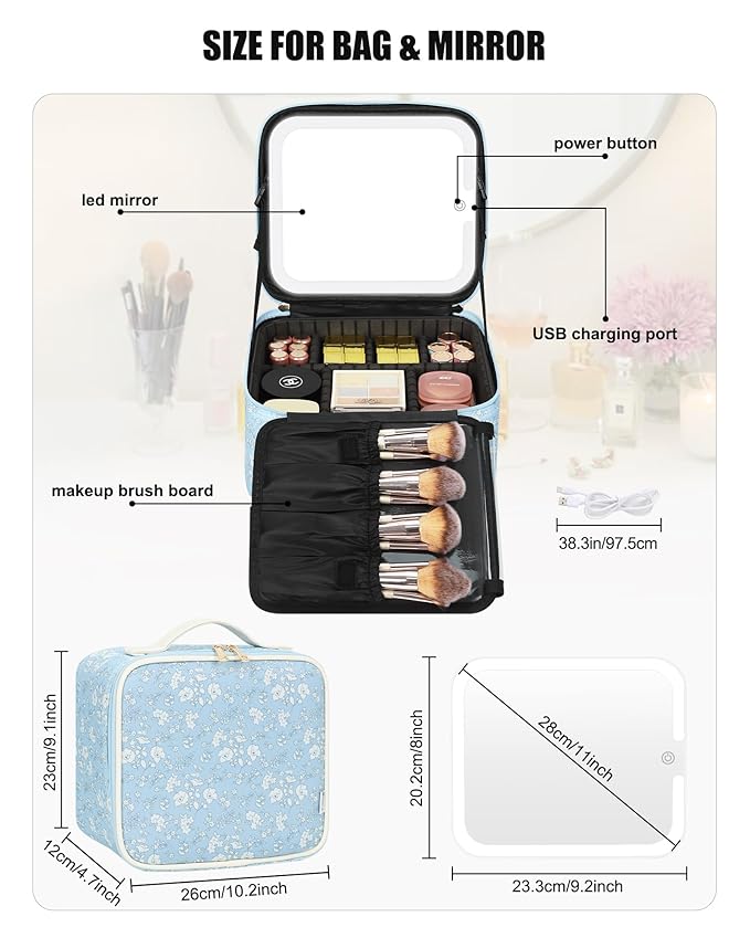 Relavel Travel Makeup Bag With LED Mirror for Women, Cosmetic Organizer Bag with Adjustable Brightness in 3 Color Scenarios, Detachable Dividers, Waterproof Train Case for Daily - White Flower
