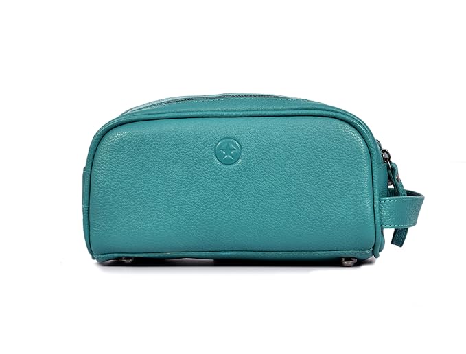 10" Premium Leather Toiletry Travel Pouch With Waterproof Lining | King-Size Handcrafted Vintage Dopp kit By Aaron Leather Goods (Steel Blue)
