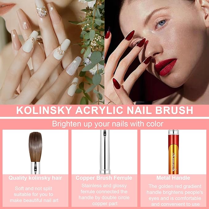 Acrylic Nail Brush Size 12, 100% Pure Kolinsky Nail Art Brushes for Acrylic Application, Sturdy Handle Oval Shaped Acrylic Powder Nail Design Tools for Professional Manicure DIY