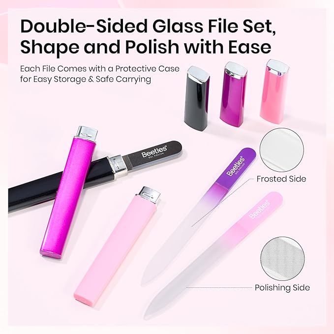 Beetles Glass Nail File for Natural Nails 3 Pack – Double-Sided Crystal Nail Files with Case Etched Gentle Nails Care for Shaping & Polishing Manicure, Washable Reusable Glass Fingernail Files
