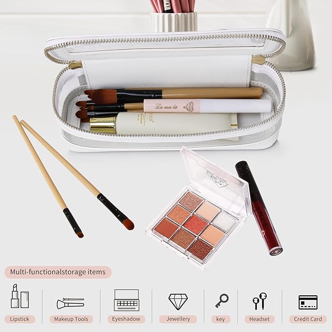 Pinkmik Makeup Brush Case Clear Travel Cosmetic & Toiletry Bag Slim Makeup Bag with Zipper Small Purse Organizer Car Essential Bag for Women (White, SLIM-1)