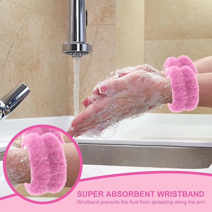 CAVETEE Hairband, 3 Piece Pink Bear Ears Makeup Headband for Women, Spa Cosmetic Elastic Headband and Wristband Set for Women Girl Wash Face Skincare Makeup Shower Spa