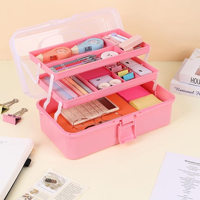 OUTUXED 12.5inch 3-Layer Multipurpose Craft Organizers, Portable Folding Toolbox, Plastic Tool Box with Handle for Sewing Supplies, Medicine, Art Supplies, Nails and Hair Accessories(Pink)