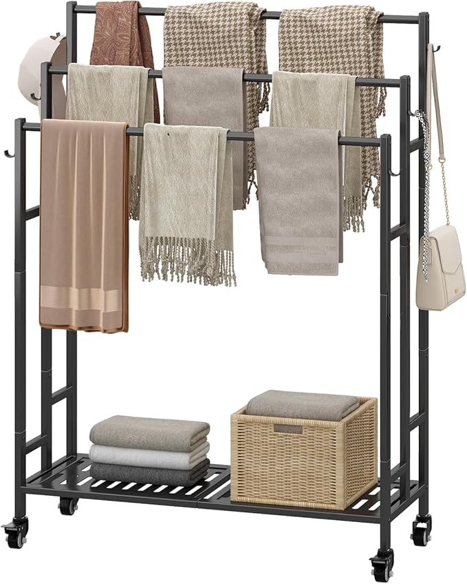 SORCEDAS Towel Rack 3 Tier Free Standing Metal Towel Stand with Storage Shelf and Wheel for Extra Large Towel Blanket Drying (Black)