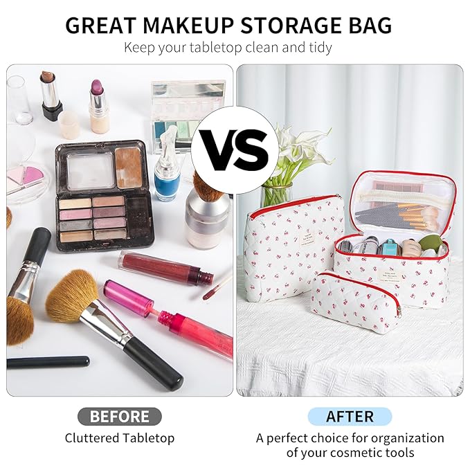 senbowe Floral Makeup Bag, 3 Pack Large Cotton Quilted Makeup Bag Set, Cute Floral Coquette Aesthetic Toiletry Bag Make Up Cosmetic Bag for Women, Toiletry Travel Make Up Organizer Bag