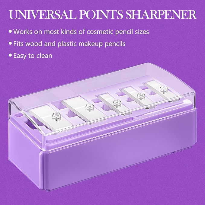 Honoson 2 Pcs 5 Hole Cosmetic Long Point Manual Pencil Sharpener with Plastic Lid Makeup Eyeliner Pencil Sharpener (Purple)