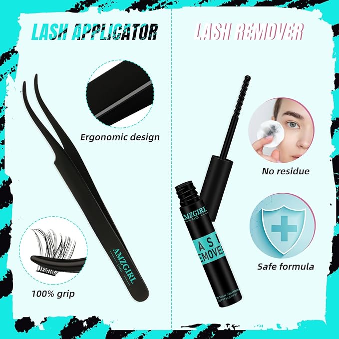 AMZGIRL LASH Midnight DIY Lash Extension Kit, 144 pcs Eyelash Clusters Kit Lash Bond and Seal, Lash Glue Remover and Applicator for Individual False Eyelashes Kit Lash Extensions(D-Mix 8-16mm Kit)