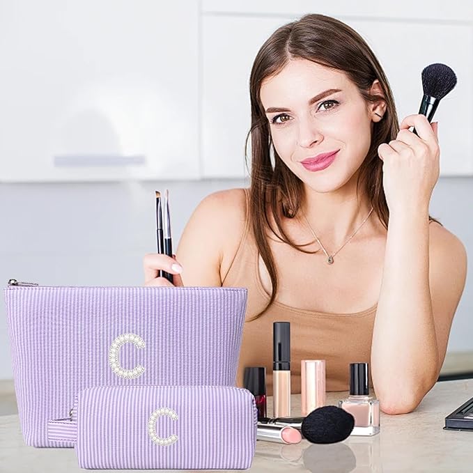 2 Pieces Cute Makeup Bag for Girls Women Stripe Makeup Purse Pouch Aesthetic Skincare Brushes Storage Organizer for Christmas (Purple C)