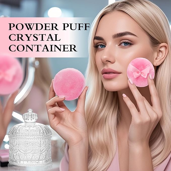 2 Pcs Large Body Powder Puff and Container, Powder Container with Puff, Dusting Powder Puff Crystal Case, Body Powder for Women Soft Washable Reusable Velour Face Body Glitter Wet Dry Makeup(Crown)