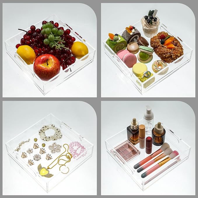 Acrylic Serving Tray with Handle Needlepoint Clear Decorative Tray Countertop Organizer for Home Bathroom Office (9"x 9")