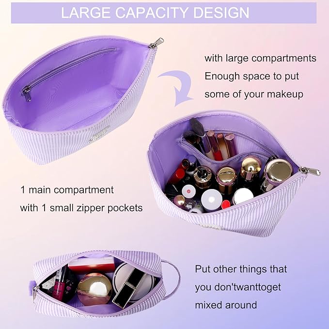2 Pieces Cute Makeup Bag for Girls Women Stripe Makeup Purse Pouch Aesthetic Skincare Brushes Storage Organizer for Christmas (Purple C)