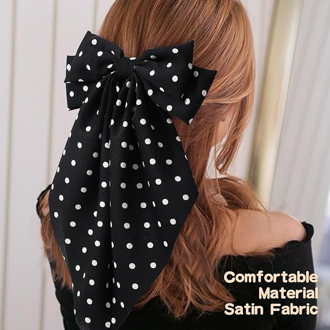 3 PCS Hair Bows for Women, Big Bow Hair Clips for Girls, Silky Satin Hair Bows Clips Oversized Long Tail, Large Hair Barrettes Cute Aesthetic Hair Accessories, Metal Bow Hair Clips Polka Dot