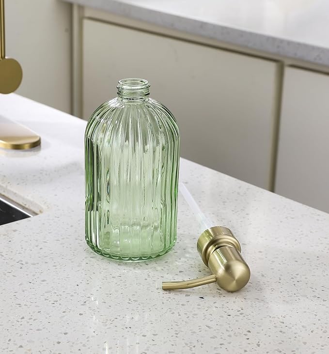 16Oz Green Glass Soap Dispenser with Rust Proof Stainless Steel Pump, Green Stripe Bathroom Hand Dish Lotion Dispensers with Brushed Gold Pump,Brushed Gold Glass Soap Dispenser,2 Packs