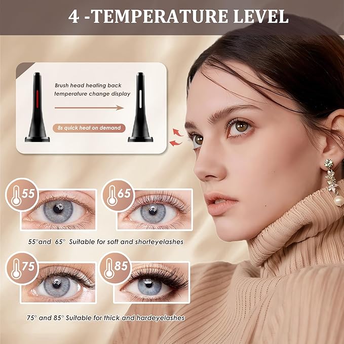 Electric Heated Eyelash Curler - USB Rechargeable with Fast 10s Heat-Up, 24-Hour Long-Lasting Hold, 4 Adjustable Heating Modes & LED Display - Essential Makeup Tool for Perfect Lashes (Black)